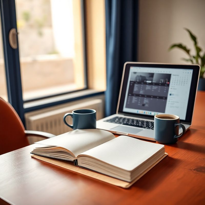 Scrivania con taccuino aperto, tazza di espresso e laptop, luce naturale calda