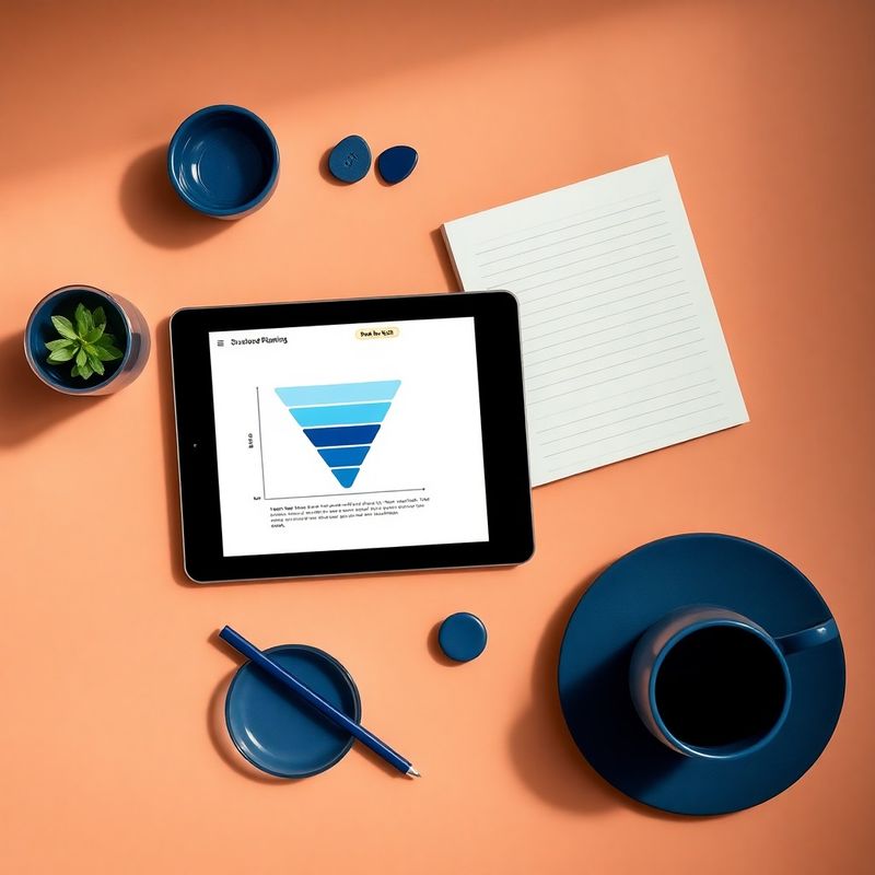 Flat-lay di strumenti digitali con tablet, taccuino e accenti indigo